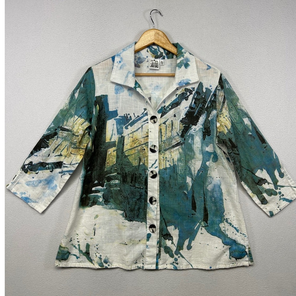 Art to Wear Parsley & Sage Womens Large White Blue Abstract Linen Blouse